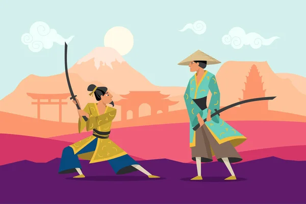 Карикатурная Битва Двух Восточных Воинов Кимоно Плоский Векторный Рисунок Самурайские — стоковый вектор