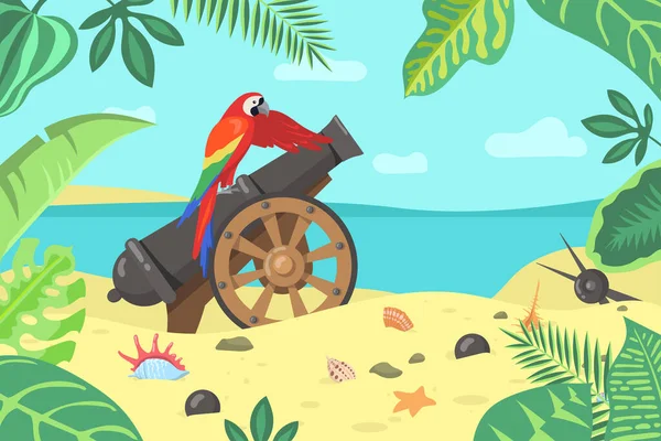 卡通异国情调的鹦鹉坐在海滨大炮上 旧式军用武器 贝壳和炮弹上五彩斑斓的斑纹在沙地 植物和树叶上的扁平矢量图解 旅游概念 — 图库矢量图片