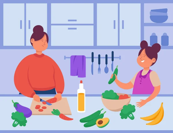 漫画の母親と娘の台所で一緒に料理 ホームフラットベクトルイラストで健康食品を作るお母さんと女の子 子育て バナーの健康的なライフスタイルの概念 ウェブサイトのデザイン — ストックベクタ