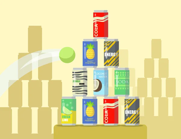 レモネード缶フラットベクトルイラストの漫画ピラミッド ショーケースに展示されているさまざまな缶ドリンクのピラミッドに飛び込むテニスボール ショッピング バナーデザインのマーケティングコンセプト — ストックベクタ