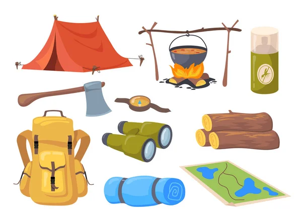 Cartoon set of different tourism symbols. Flat vector illustration. Collection of camp equipment as tent, binoculars, map, compass, axe, firewood. Camping, tourism, barbecue, lifestyle, nature concept