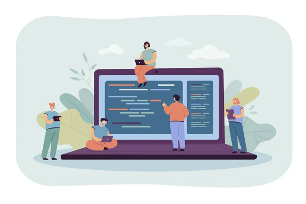 Çizgi filmlerde bilgisayarlarla çalışan genç programcılar ve programcılar. Düz vektör çizimi. Devasa dizüstü bilgisayar ve kodlama ya da konsol ağ mühendislerini çalıştırmak. Yazılım, web, dijital teknoloji kavramı
