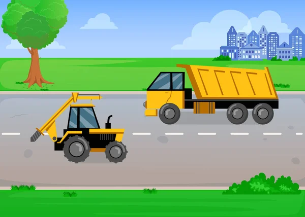 Cartoon yellow truck and tractor on road in summer. Vehicles going in opposite directions, city and buildings on background, countryside, green grass and trees. Construction, industry concept
