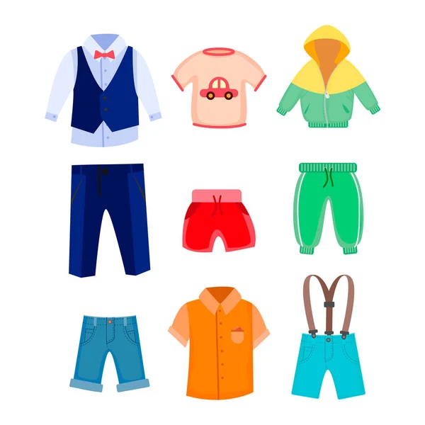 Casual Formal Clothes Boys Vector Illustrations Set Jacket Shirts Pants — Stock Vector
