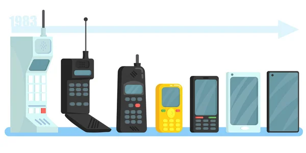 Cep telefonları farklı jenerasyonlarda. Antenli, küçük ekranlı, dokunmatik ekranlı klasik ve modern cep telefonları hattı. İletişim, teknoloji, evrim kavramı için vektör illüstrasyonu