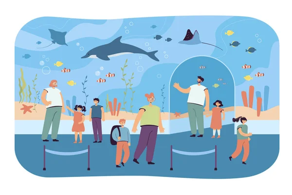 水族館で両親を持つ子供たち フラットベクトルイラスト 動物園を歩き 水族館で海の魚を見ている子供と大人 動物園 バナーデザインの自然コンセプト — ストックベクタ