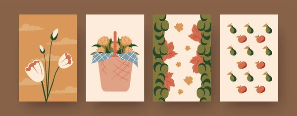 花のバスケットと現代のポスターのコレクション チューリップ ブドウ リンゴの漫画のベクトルイラスト ピクニック デザインのための夏のコンセプト ソーシャルメディア ポストカード 招待カード — ストックベクタ