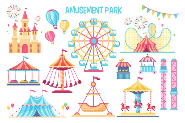 Coloridos Elementos Planos Del Parque Atracciones Carnaval Dibujos Animados Circo — Vector de stock
