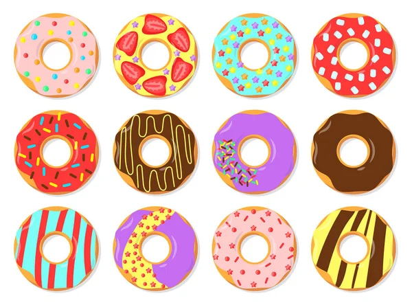 Bunt Glasierte Donuts Flache Vektorillustrationen Set Einfaches Trendiges Muster Mit — Stockvektor