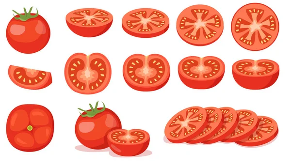 Bunte Reihe Geschnittener Und Voller Roter Tomaten Zeichentrickvektorillustration Tomaten Verschiedenen — Stockvektor