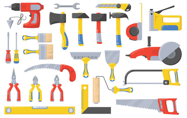 Construction tools set. Instruments for masonry works with concrete and brick, bricklayer job, hammer, screwdriver, drilling machine, paintbrush, spatula. For buildings, repair and renovation concept