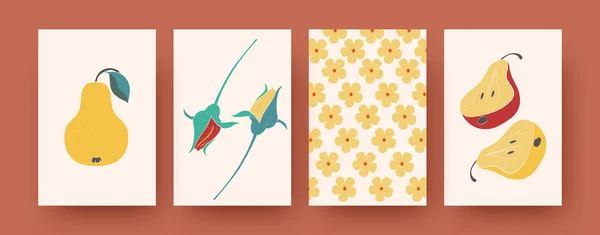 花やフルーツをテーマにした現代アートのポスター ベクターイラスト — ストックベクタ