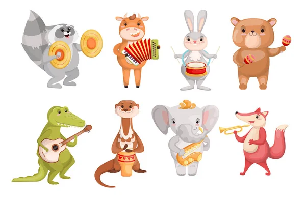 Креативные Симпатичные Животные Играющие Музыкальных Инструментах Веб Дизайна Мультфильм Животных — стоковый вектор