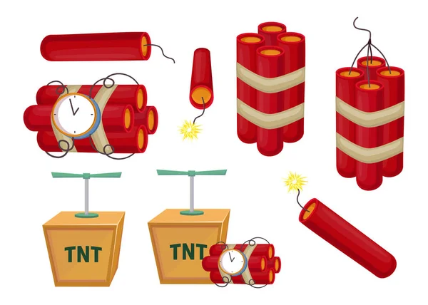 Cartoon Bunte Dynamit Set Vektorillustration Tnt Sprengstoff Mit Zündern Und — Stockvektor