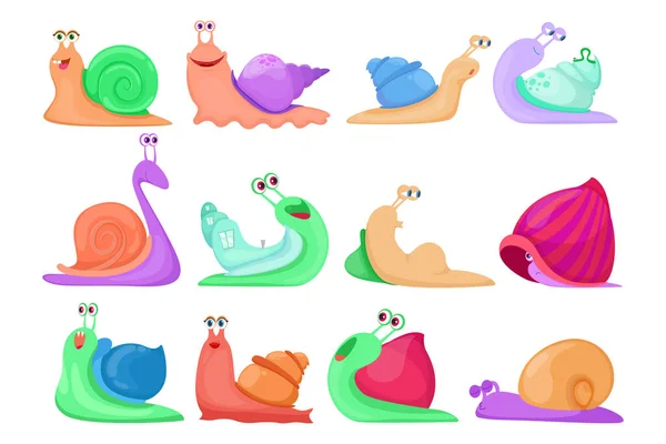 Cartoon Set Colorful Snail Characters Vector Illustration Slimy Cute Slugs — Stock Vector