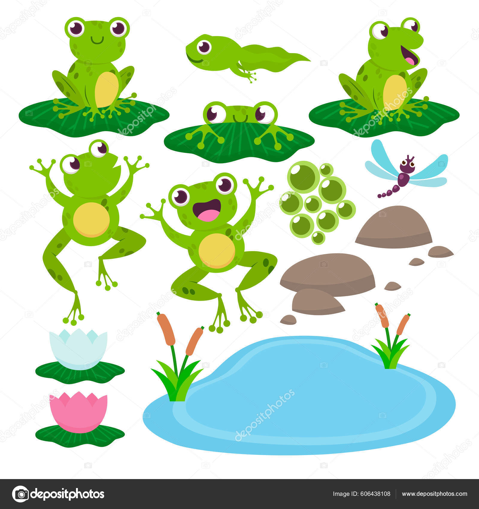 Conjunto Ranas Dibujo Lindo Ilustración Vectorial Dibujos Animados Verde  Croar Vector de stock #606438108 de ©pch.vector, image size:1600x1700