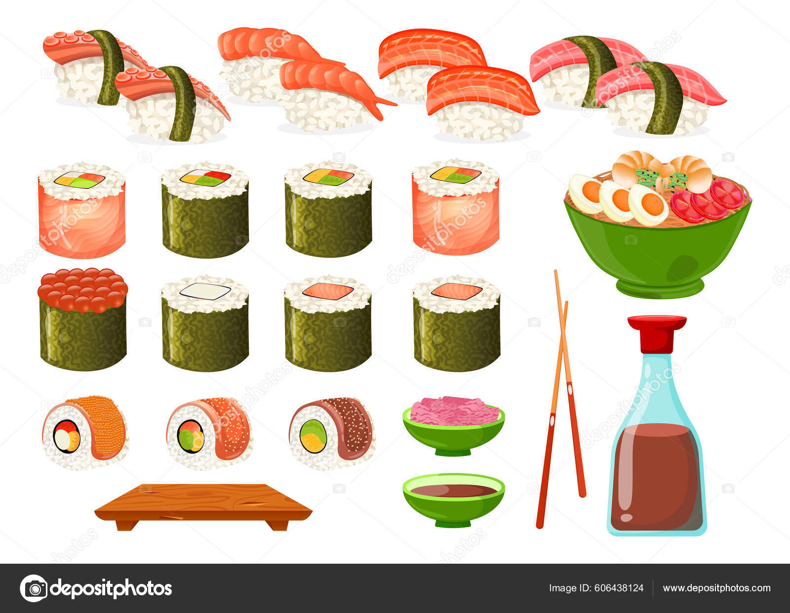 Vector sushi. Japanese food. Nigiri gunkans vector Stock Vector
