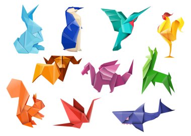 Yaratıcı Japon origami düz öge seti. Çizgi film renkli çokgen tavşan, kuş, ejderha, boğa ve sincap izole vektör illüstrasyon koleksiyonu. Kağıt hayvanları ve sanat sanatı hobisi