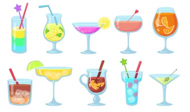 Yaratıcı popüler alkol kokteylleri düz resim seti. Çizgi film cini, martini, gluehwein, meyve suyu, gözlük izole vektör çizimlerinde pina colada. İçki ve içecek konsepti