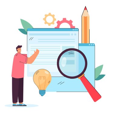 Yaratıcı yeni dijital içerik yayınlıyor. Web sitesi tutan adam, düz vektör illüstrasyonuna bilgi ekliyor. Sayısal içerik, pankart yönetim kavramı, web sitesi tasarımı veya iniş web sayfası