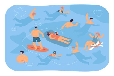 Bir sürü turist deniz suyunda yüzüyor, banyo yapıyor, sörf yapıyor, lastik yatakta dinleniyor, boş zamanların ve tatillerin tadını çıkarıyor. Okyanusta tatil için düz vektör çizimi, deniz aktiviteleri konsepti