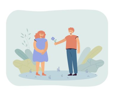 Tatlı çocuk kıza çiçek veriyor. Çizgi filmdeki sevgili ve sevgili düz vektör çizimi. İlk duygular, pankart, web sitesi tasarımı veya iniş web sayfası için randevu kavramı