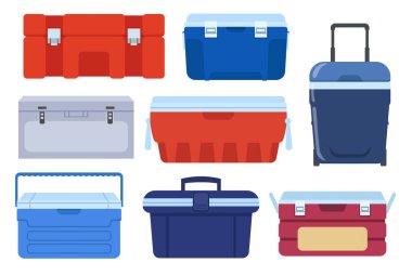 Farklı buzdolabı vektör çizimleri ayarlandı. Yiyecek, konteynır ya da beyaz arka planda izole edilmiş taşınabilir buzdolabı için buz sandıkları ya da soğutucu koleksiyonu. Piknik, kamp, yemek, seyahat kavramı