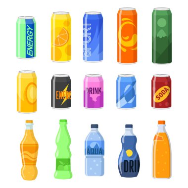 Kutulardaki içecekler ve plastik şişe vektör çizimleri ayarlandı. Yumuşak, enerji ve köpüklü içecekler, soda, su, meyve suyu, limonata, beyaz arka planda izole edilmiş. İçecek, yiyecek konsepti.