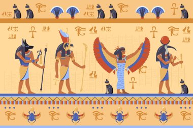 Mısır tanrıları hiyerogliflerle eski bas kabartması yapıyor. Çizgi film vektör çizimi. Horus, Thoth, Anubis, Maat Tanrıları, Scarab, semboller, hiyeroglifler. Antik Mısır, tarih, sanat, kültür konsepti