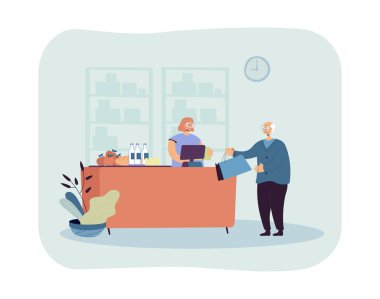 Yaşlı adam yiyecek alışverişine gidiyor. Erkek karakter çantası. Gülümseyen kadın kasiyer onunla konuşuyor. Pankart, web sitesi tasarımı veya iniş web sayfası için gıda konsepti satın alınması