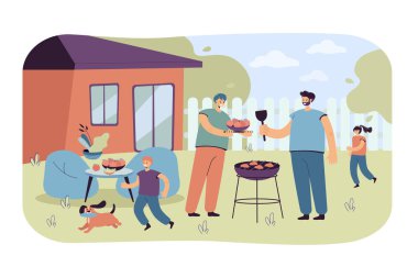 Aile barbekü yemeği. Anne, baba ve çocuğu bahçede barbekü yapıyor. Açık hava, arka bahçe, ev konsepti için vektör illüstrasyonu
