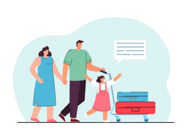 Aile tatil vektör çizimine gidiyor. Mutlu aile bavul taşıyor. Karılarını kucaklayan koca, sevinçle atlayan kız. Pankart, web sitesi tasarımı veya iniş web sayfası için seyahat kavramı
