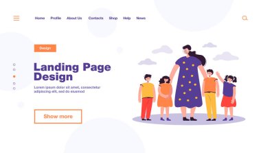 Bayan öğretmen ve dışarıda yürüyen çocuklar. Çimlerin üzerinde bir grup okul çocuğunu izleyen bir kadın. Pedagoji, eğitim, günlük bakım konsepti için vektör illüstrasyonu