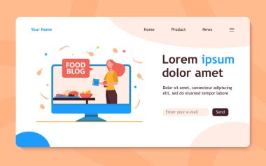 Yemek blogcusu atölye veriyor. İnternette yemek pişirme, video dersi, şef. Düz vektör çizimi. Pankart, web sitesi tasarımı veya iniş sayfası için blog yazma, eğitim, eğitim kavramı