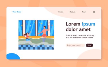 Kız ve babası yüzme havuzunda banyo yapıyor. Su aktivitesi, yüzmeyi öğrenmek. Düz vektör çizimi. Aile eğlence zamanı, afiş için aktif yaşam tarzı konsepti, web sitesi tasarımı veya iniş web sayfası