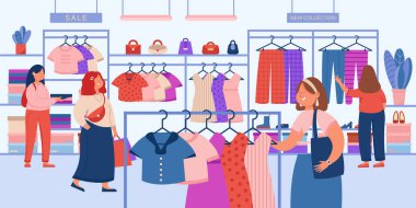 Düz vektör illüstrasyonunda modern kıyafetleri seçen kızlar. Kadın tüketiciler alışveriş yapıyor, elbise ve giysi alıyor. Moda, giysi, perakende, tarz kavramı