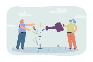 Kızlar fikir ağacını suluyor. Büyük sulama kutusu olan kadın karakter, ampul bitkisi düz vektör çizimi. Takım çalışması, geliştirme, bayrak, web sitesi tasarımı veya iniş web sayfası için başlangıç konsepti