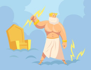 Greek god Zeus throwing lightnings from heaven. Cartoon vector illustration. Major Ancient God of sky, thunder and lightning with golden throne in background. Mythology, Greece, polytheism concept