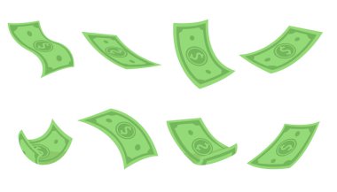 Web tasarımı için yeşil uçan dolar seti. Çizgi film para paketi beyaz arkaplan vektör illüstrasyon koleksiyonuna izole edildi. Para, yatırım ve zenginlik kavramı
