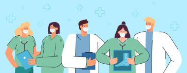 Maskeli bir grup karikatür doktoru. Profesyonel hekimler, üniformalı erkekler ve kadınlar hastane ya da klinik personeli düz vektör çizimi. Tıp, meslek, sağlık, hastalık kavramı