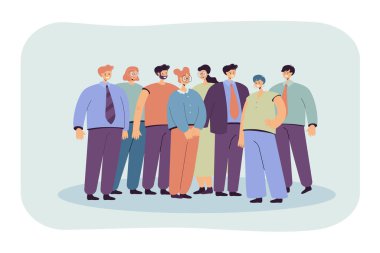 Bir grup ofis çalışanı düz vektör illüstrasyonunu birleştiriyor. Çizgi filmdeki mutlu profesyonel işçi portresi. İş ekibi, kariyer ve başlangıç konsepti