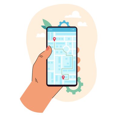 Harita uygulamalı cep telefonu tutan çizgi film karakteri. Akıllı telefon ekranı, rotası, mobil uygulaması düz vektör illüstrasyonunda yeri olan şehrin çevrimiçi haritası. Teknoloji, navigasyon konsepti