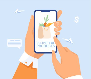 Marketten sipariş veren kullanıcı eli. İnternetten yiyecek satın alan kişi. Düz vektör çizimi. Alışveriş, afiş, web sitesi tasarımı veya iniş web sayfası için kurye hizmeti kavramı