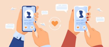 Cep telefonu tutan flört uygulaması kullanıcılarının elleri. İnternette partner arayan bekar insanlar. Düz vektör çizimi. Pankart, web sitesi tasarımı veya iniş web sayfası için mükemmel eşleşme konsepti