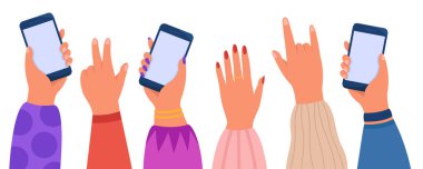 Konserde ya da partide telefon tutan bir grup insan. Akıllı telefonları olan izleyiciler düz vektör illüstrasyonu. Sancak için teknoloji, eğlence konsepti, web sitesi tasarımı veya iniş web sayfası