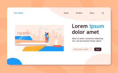 Yatın kenarında duran mutlu çift. Deniz, şehir manzarası, zengin düz vektör çizimi. Pankart, web sitesi tasarımı veya iniş web sayfası için tatil ve yelkencilik kavramı