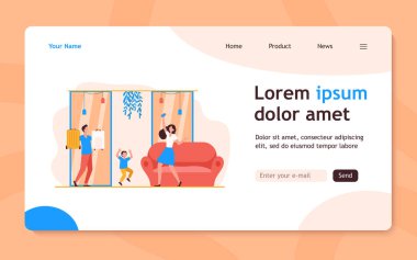 Tatili kutlayan çocuklu mutlu bir aile. Bagaj baba, hafta sonu düz vektör çizimi. Pankart, web sitesi tasarımı veya iniş sayfası için seyahat ve tatil gezisi konsepti