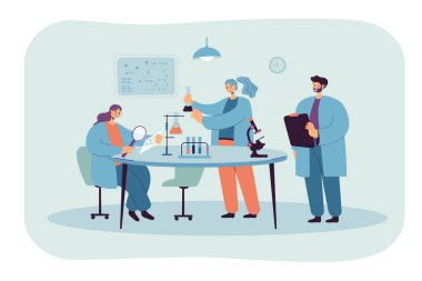 Laboratuvarda izole edilmiş düz vektör illüstrasyonunda araştırma yapan mutlu bilim adamı. Beyaz önlüklü tıp öğrencileri kimyasal test yapıyorlar. Kimya ve bilim konsepti