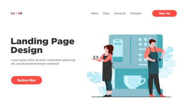 Kocaman bir makinede kahve yapan mutlu minik barista. Garson, elinde kağıt bardak ve düz vektör illüstrasyonuyla tepsi tutuyor. Kahve molası, sokak yemekleri, pankart için yaz konsepti, web sitesi tasarımı veya iniş sayfası