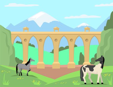 Atlar eski köprü ve manzaranın arka planında otluyor. Çizgi film vektör çizimi. Yaz çayırı, atlar, dağlar ve Viktorya Köprüsü. Sancak tasarımı için doğa, mimari, hayvan konsepti